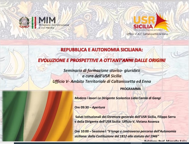 Seminario di formazione storico-giuridico: “REPUBBLICA E AUTONOMIA SICILIANA: EVOLUZIONE E PROSPETTIVE A OTTANT’ANNI DALLE ORIGINI” – 16 aprile 2026 Istituto d’Istruzione Superiore “E. Majorana – A. Cascino”, Piazza Armerina (EN)